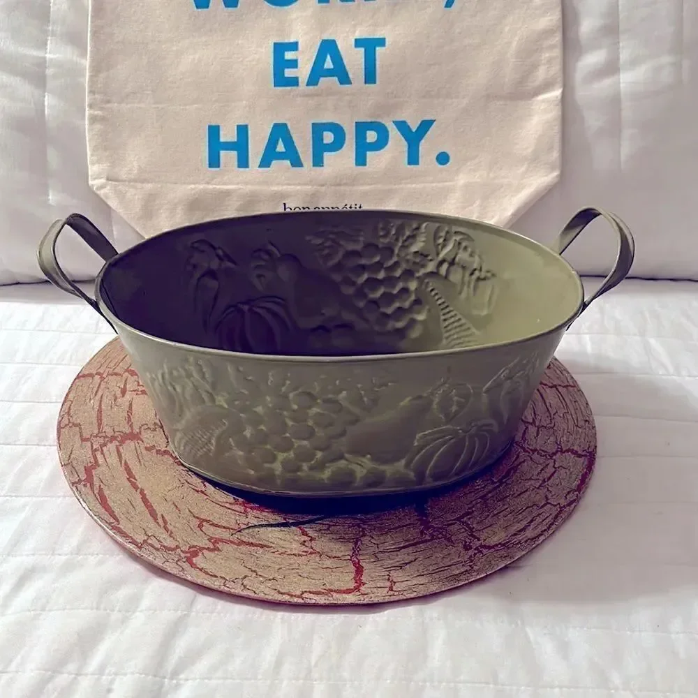 Metal Tin Bowl with Handles Green Fruit Harvest Dented Design